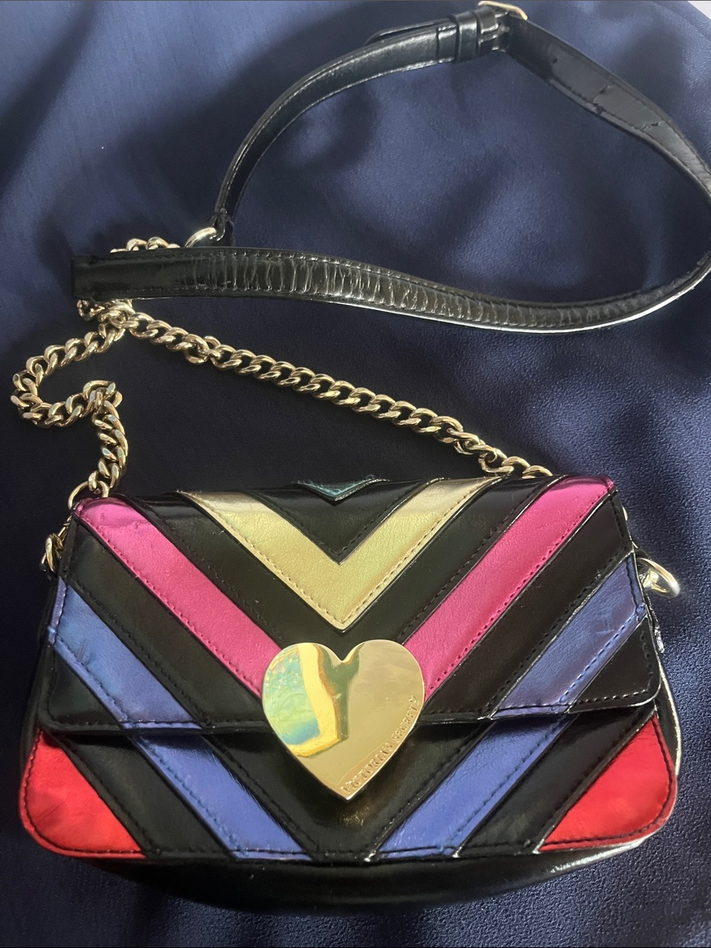 Victoria Secret Black Multi-Color Chevron Heart Crossbody Bag